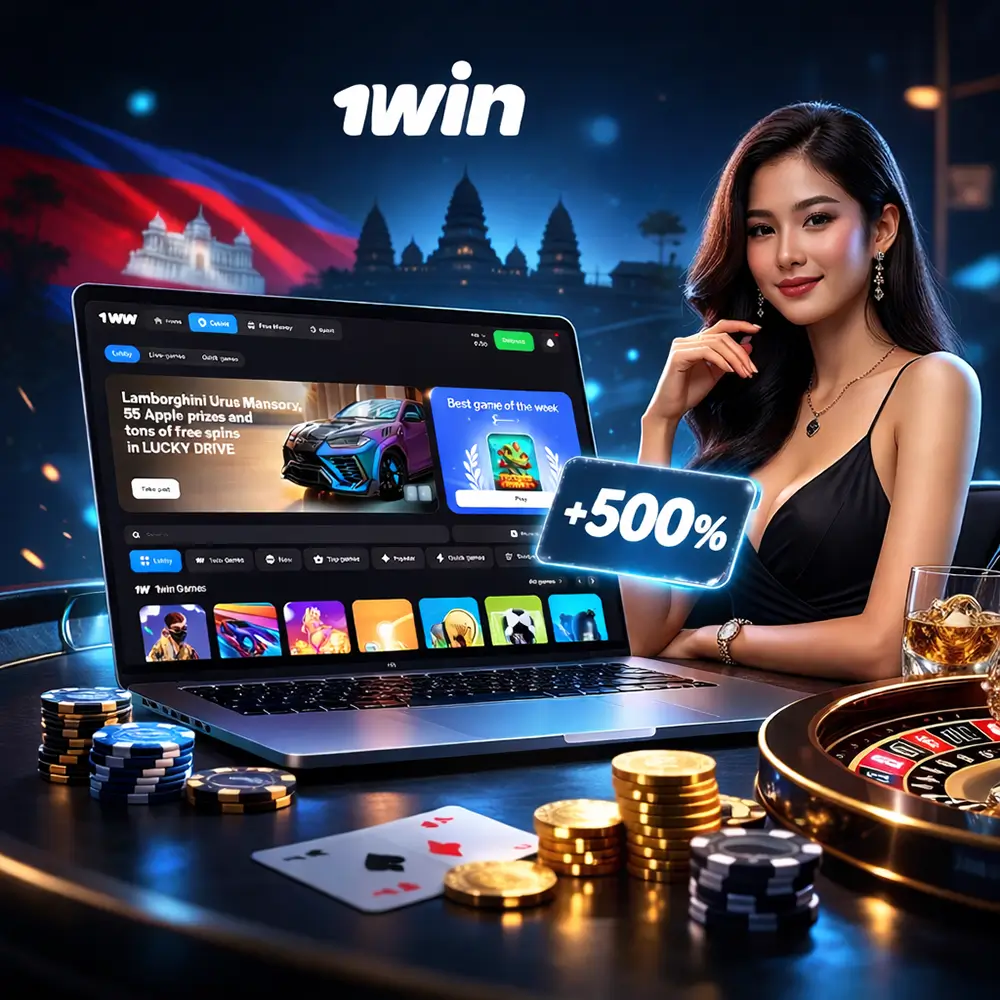 Premium 1win Cambodia hero banner with official interface, elegant Cambodian woman, and +500% bonus card.