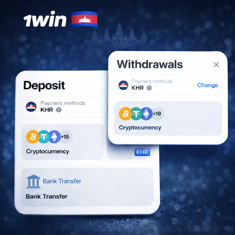 Deposit and withdrawal methods banner for 1win Cambodia with payment icons and KHR currency hint.