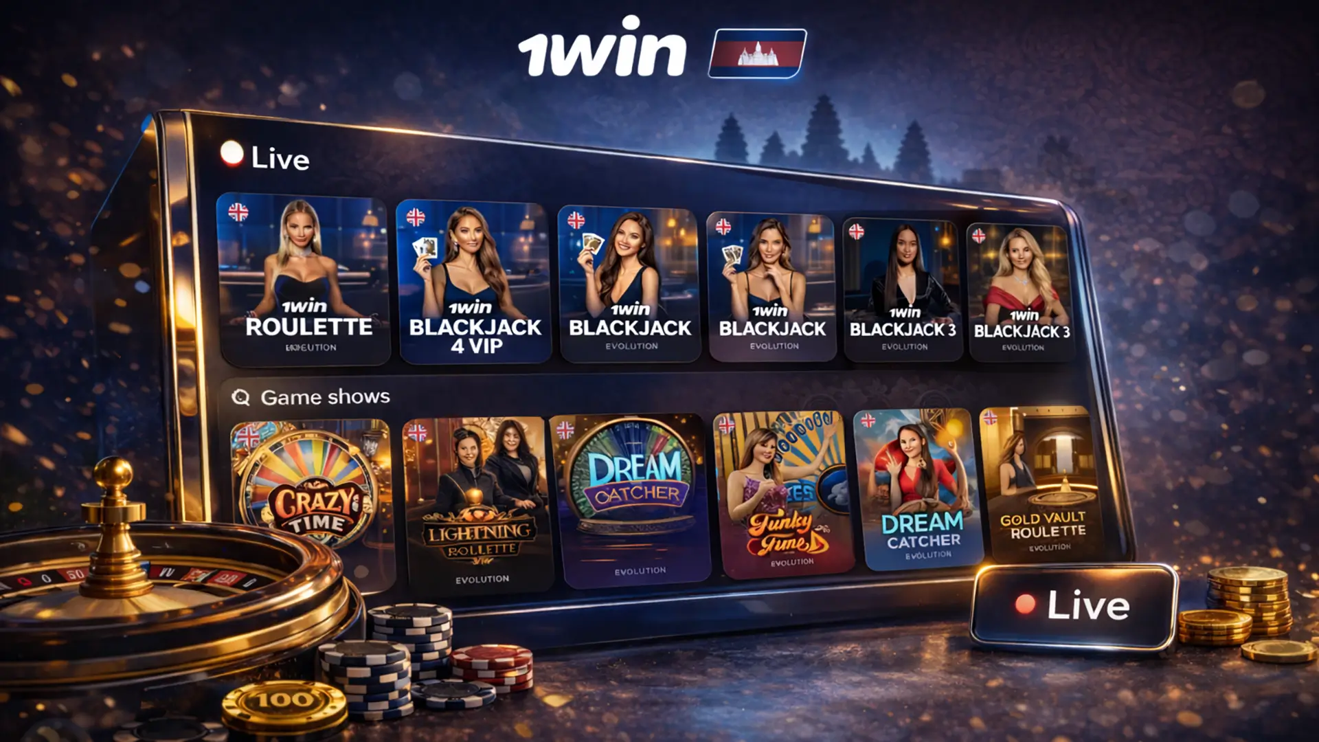 Live dealer casino banner for 1win Cambodia with premium table details and soft cinematic lighting.