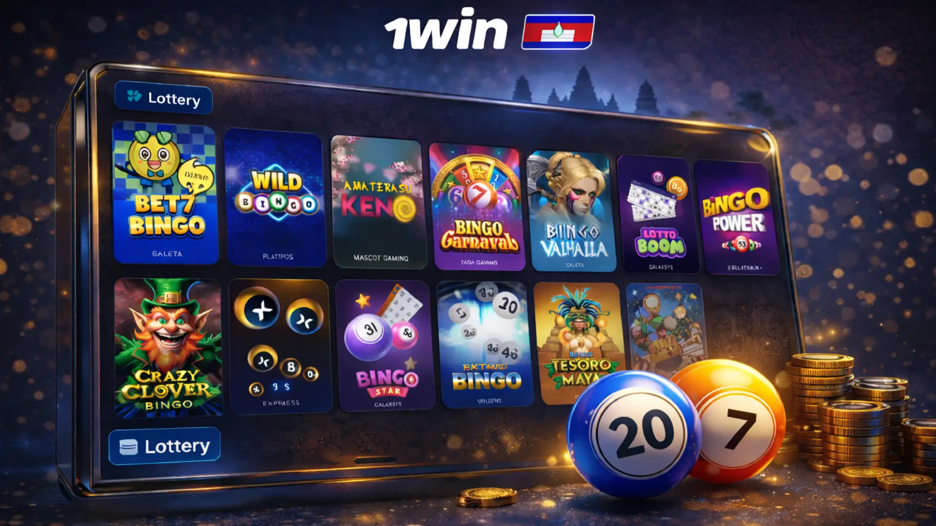Lottery category banner for 1win Cambodia with numbered balls and a premium dark navy glow.
