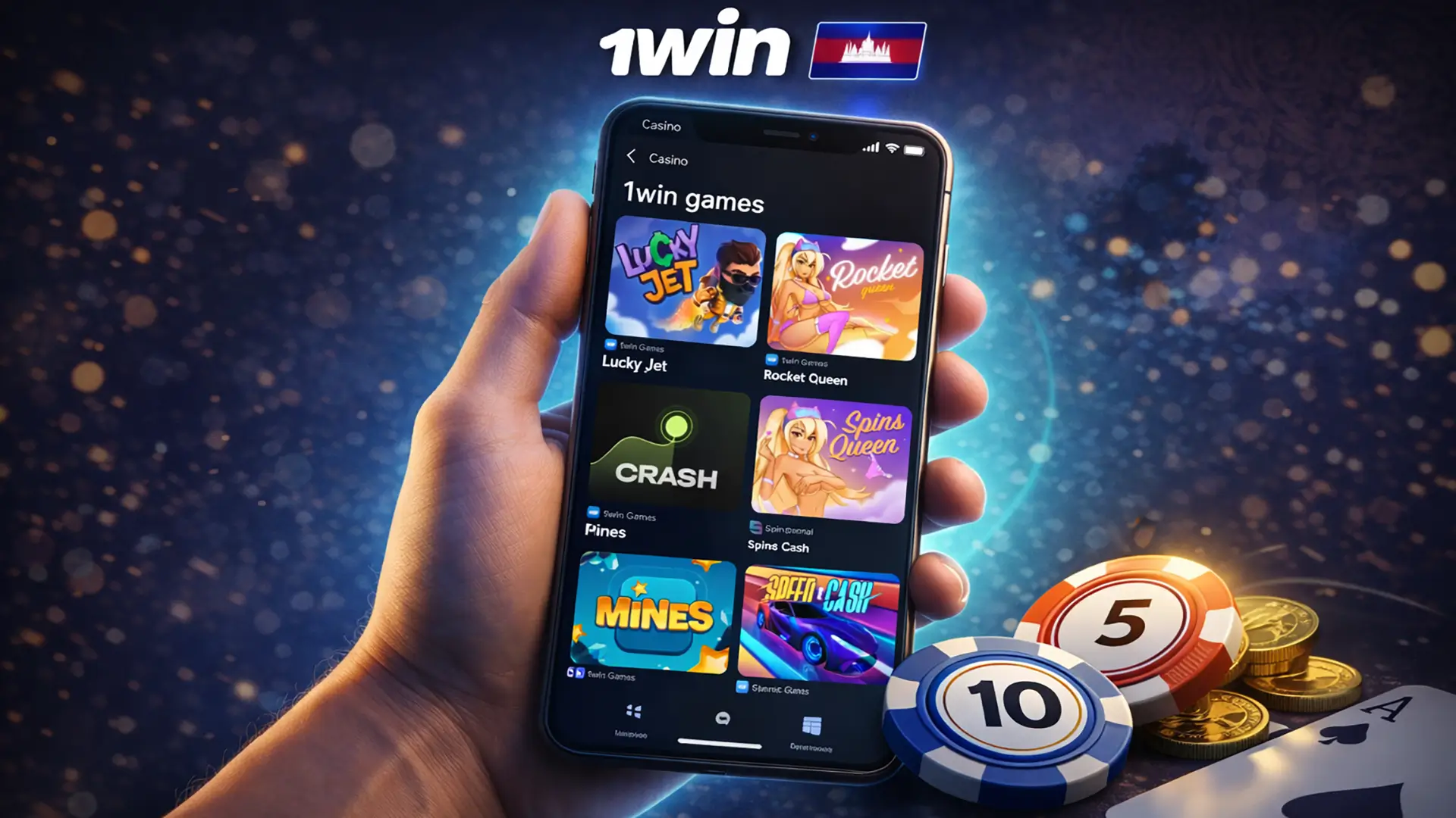 1win Cambodia mobile app banner with smartphone interface and subtle floating casino chips.