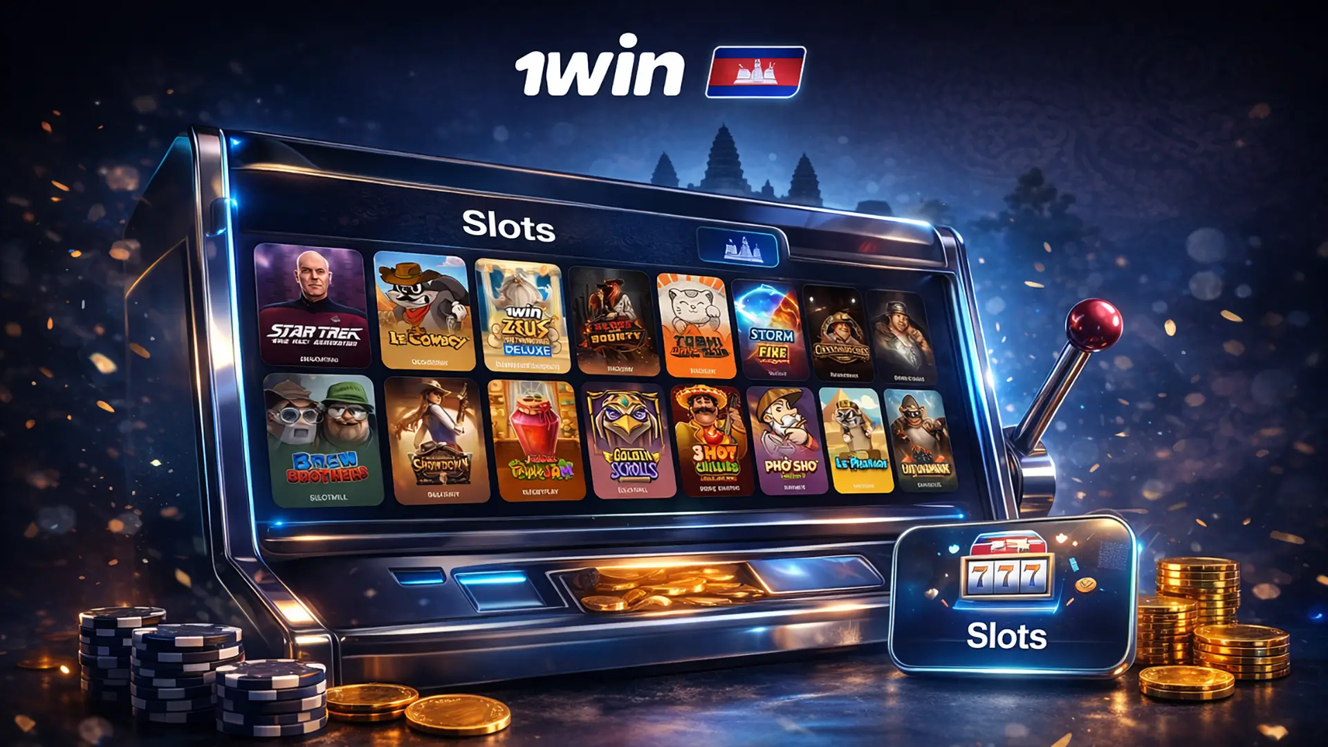 3D slot machine category banner for 1win Cambodia with premium chips and dark navy background