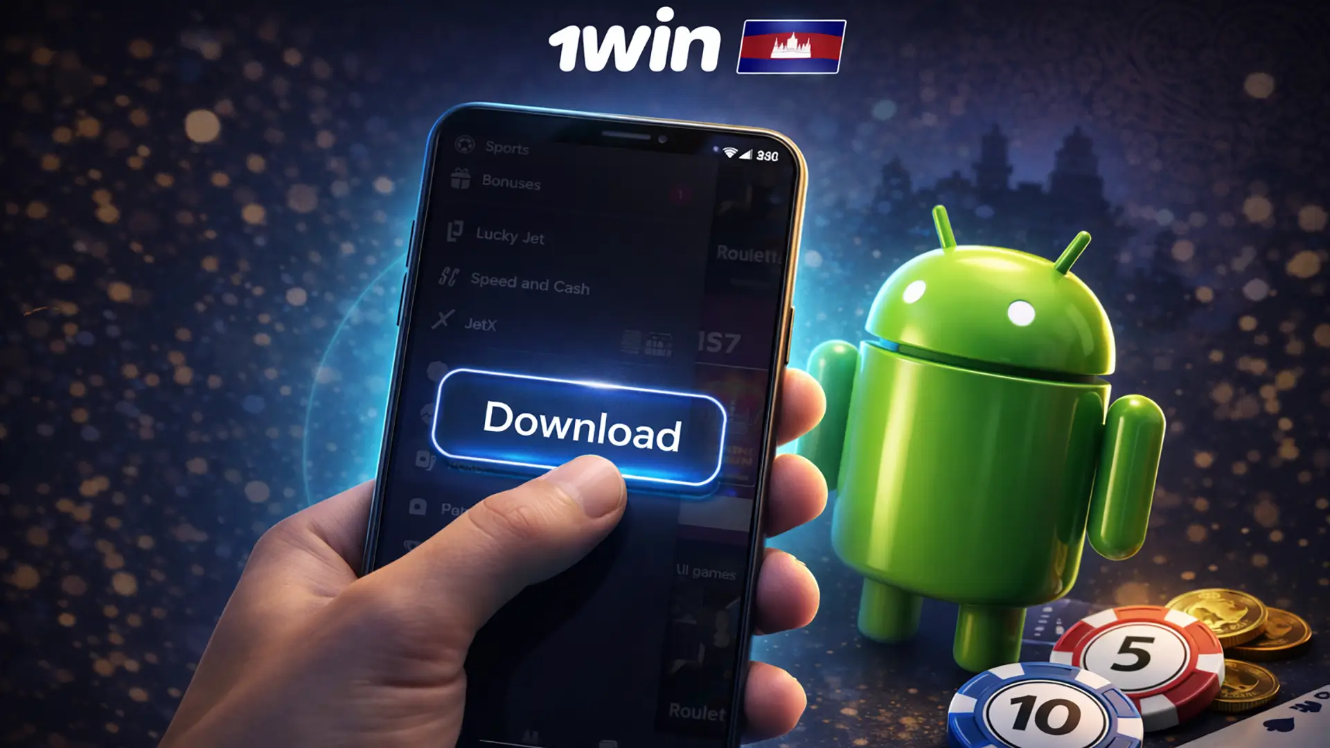 Android APK download banner for 1win Cambodia with finger tapping Download and premium casino accents.