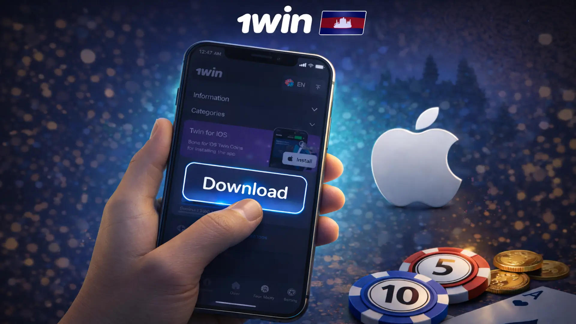 “iOS download banner for 1win Cambodia with Apple icon and finger tapping Download.