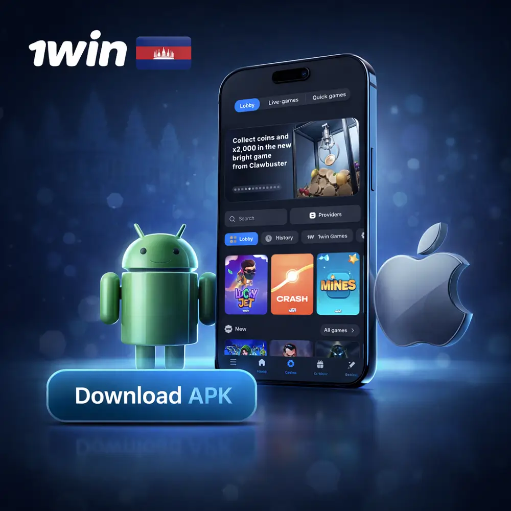 1win Cambodia app banner with Android and iOS icons and a Download APK button.