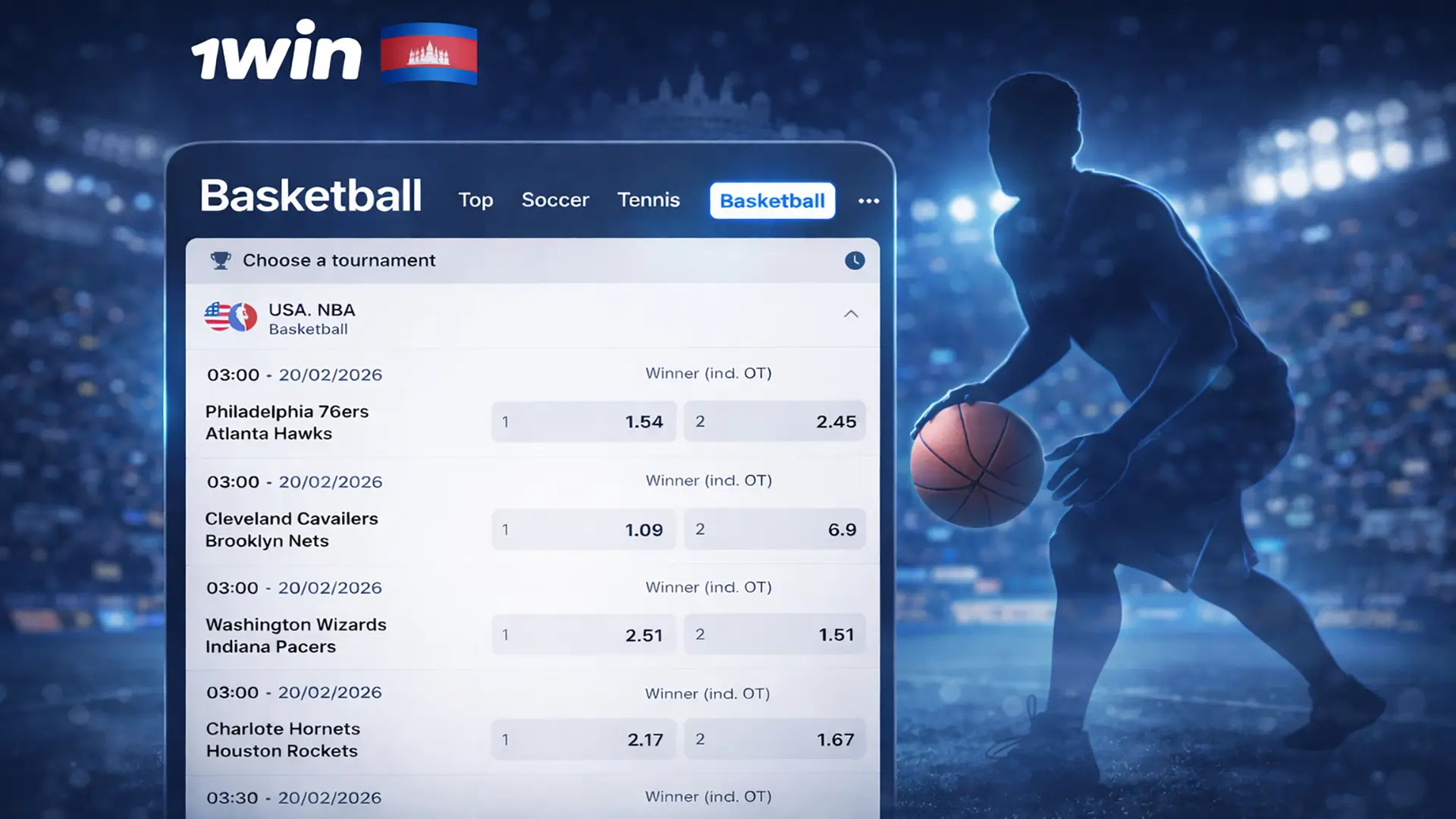 Basketball betting banner for 1win Cambodia with category UI and player silhouette.