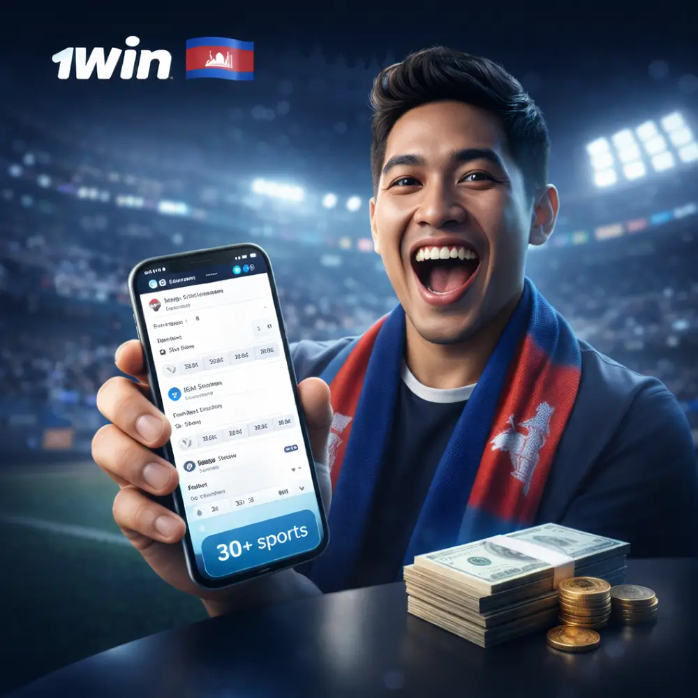 Sports betting banner for 1win Cambodia with fan holding a phone and a 30+ sports highlight.