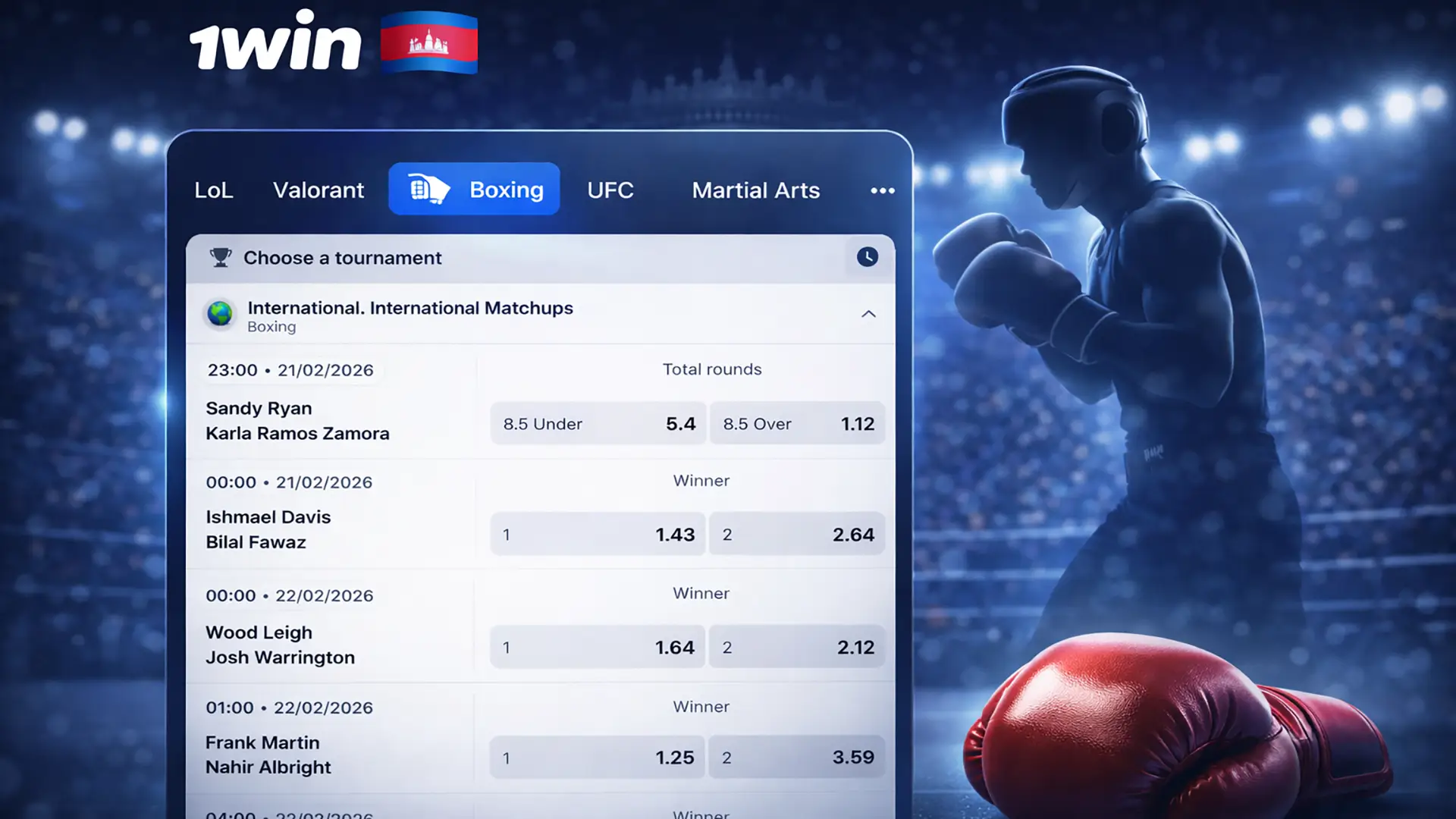 Boxing betting banner for 1win Cambodia with category UI and a boxer silhouette.