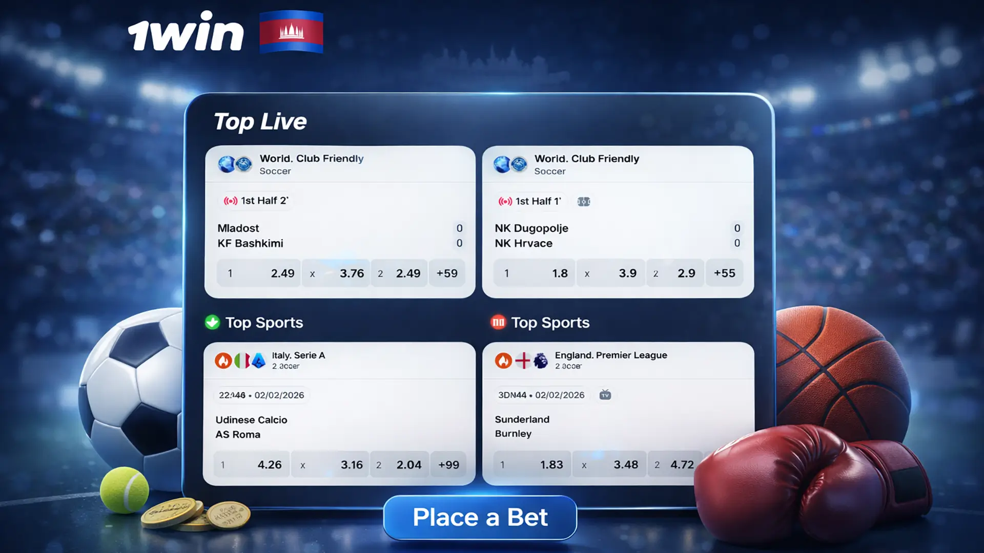 1win Cambodia first bet banner with a betting slip interface and subtle sports equipment accents.