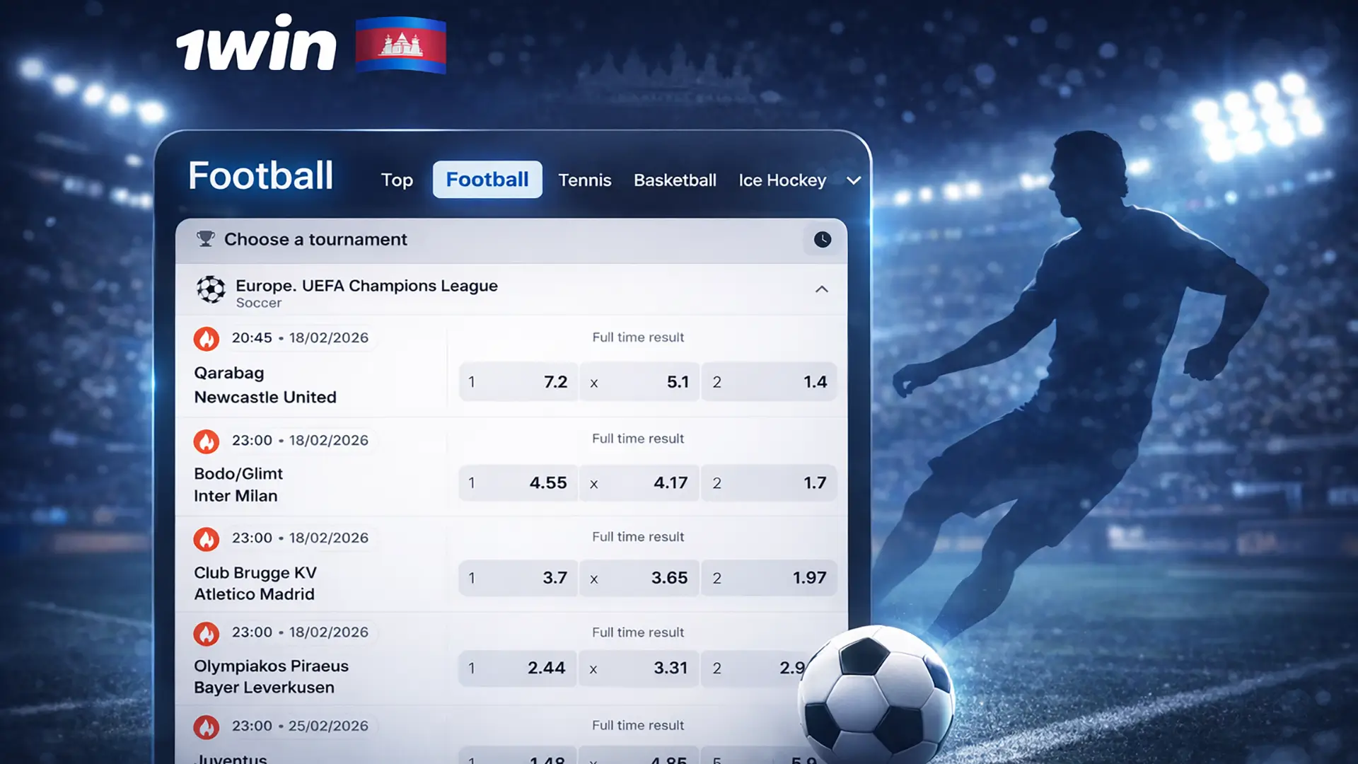 Football betting banner for 1win Cambodia with tournament list UI and a player silhouette