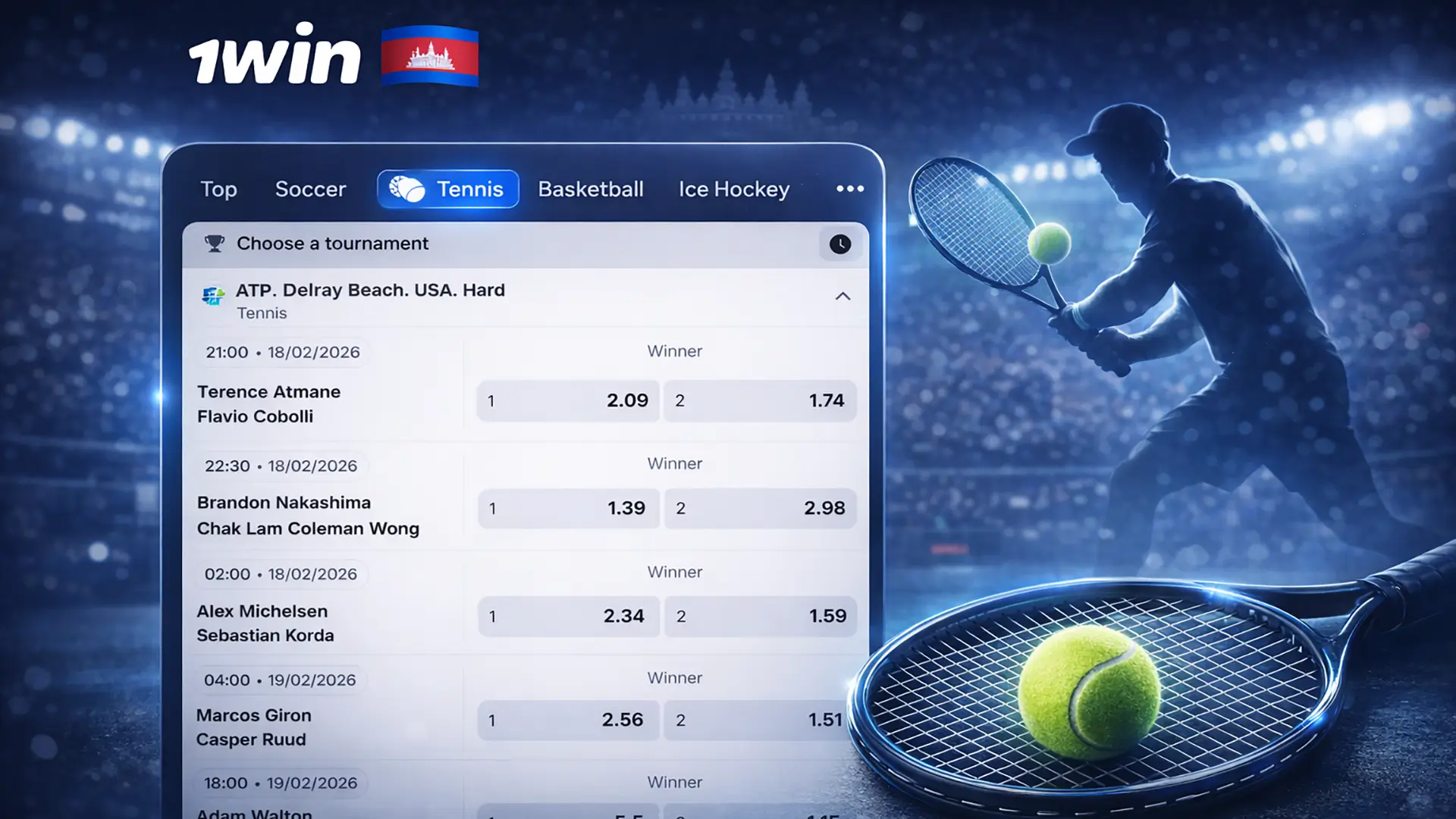 Tennis betting banner for 1win Cambodia with category UI and a tennis silhouette.
