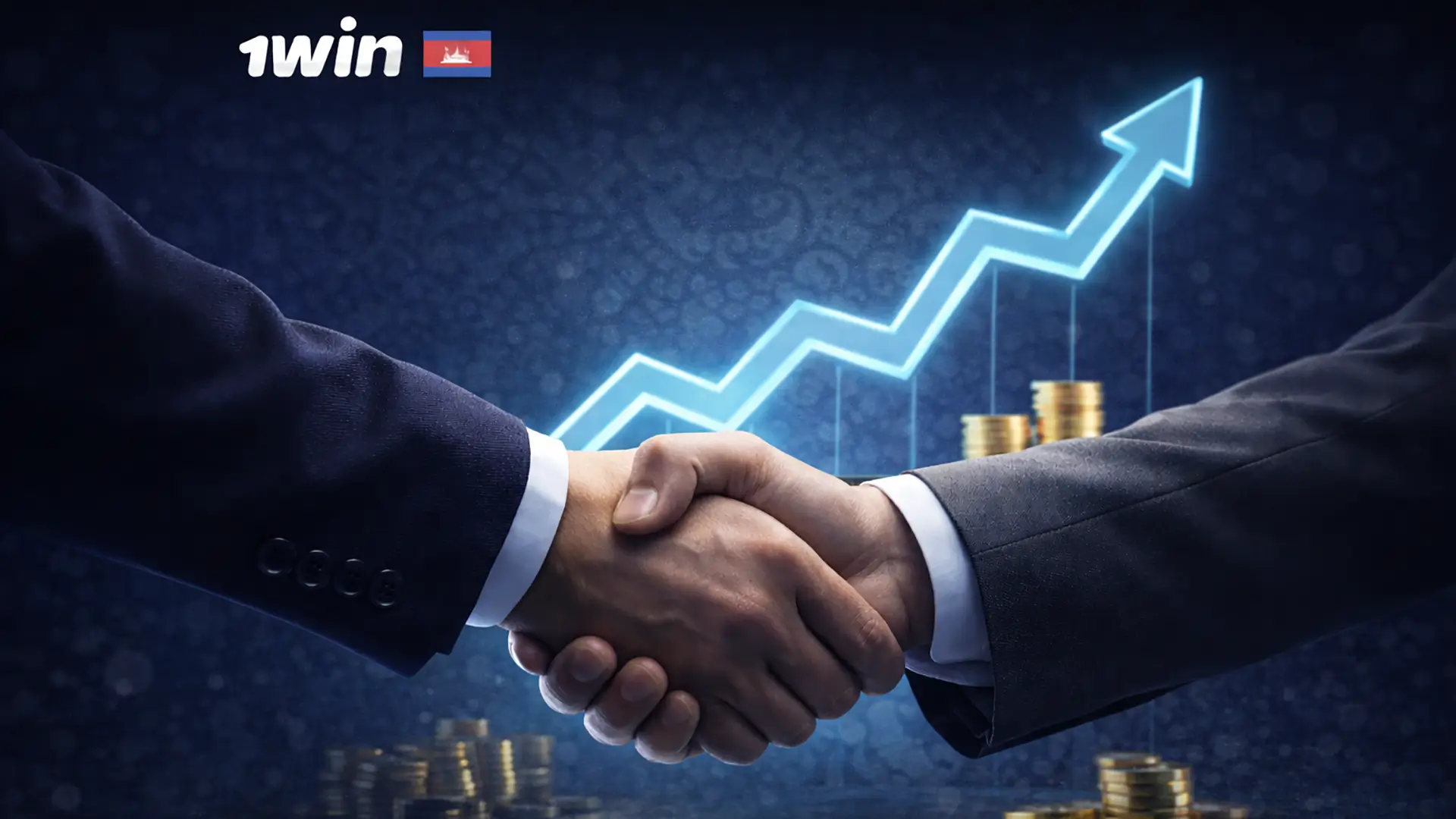 Affiliate program banner with handshake and upward profit graph for 1win Cambodia