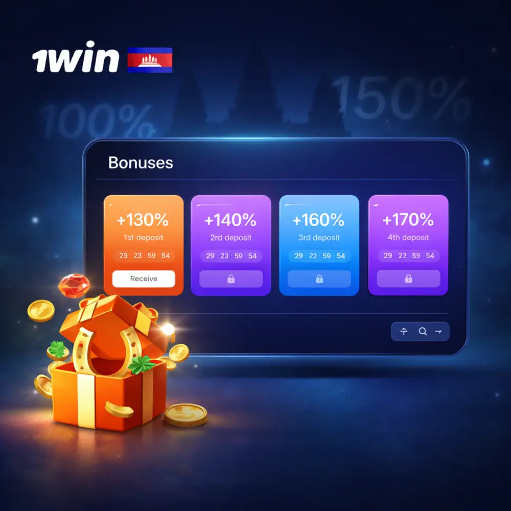 Current 1win Cambodia bonuses banner with a gift box and subtle glowing bonus percentages.