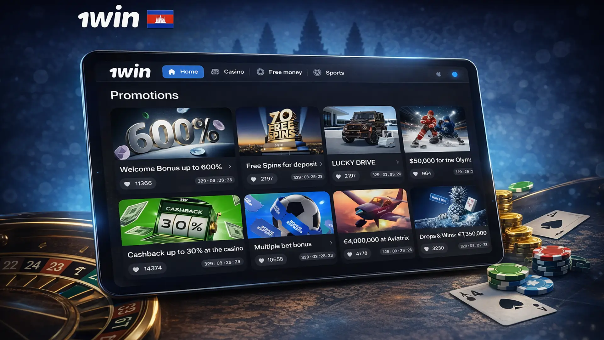 Casino bonuses banner for 1win Cambodia with bonus UI and refined casino game icons.