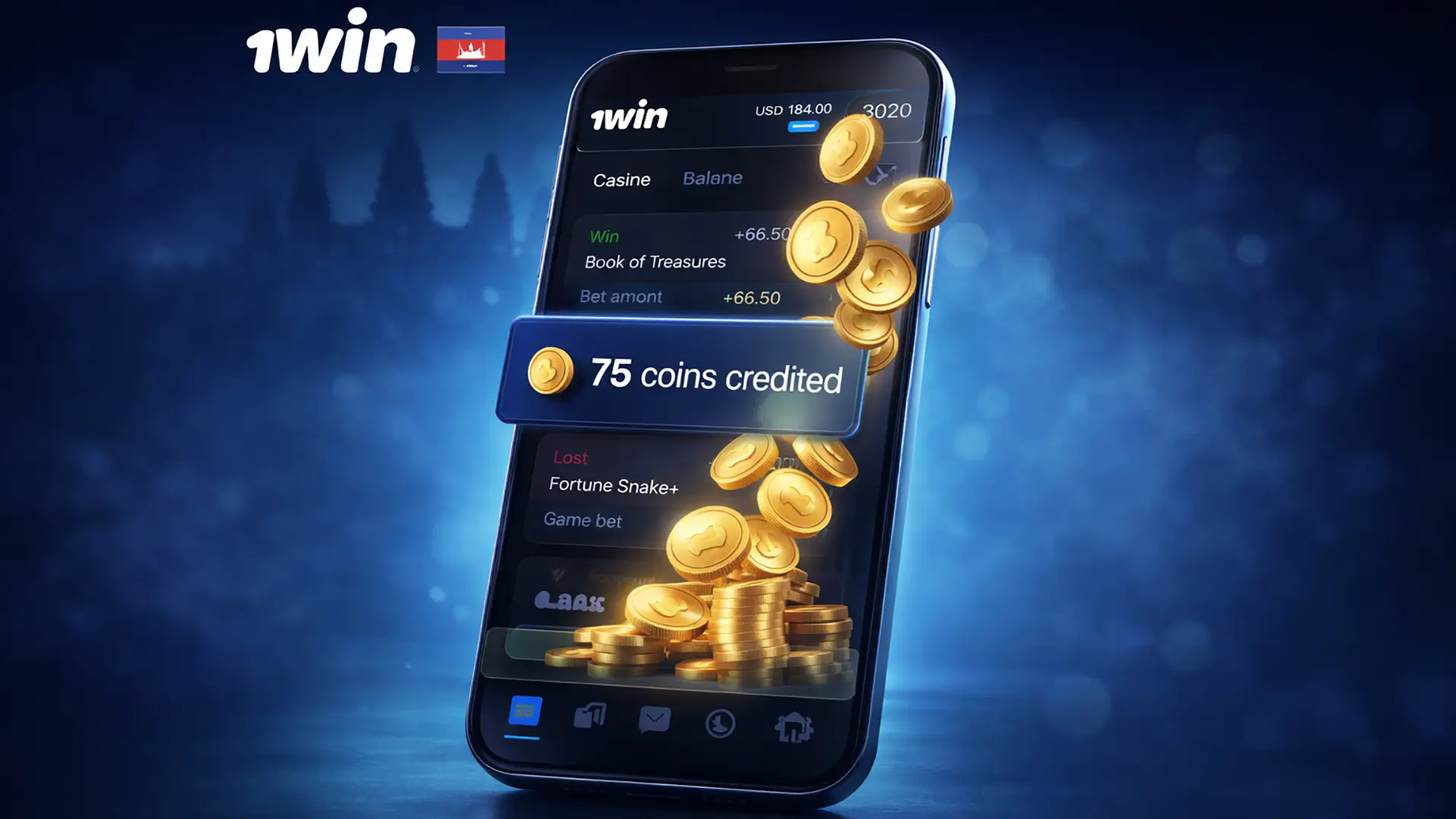 1win coins banner showing a ‘75 coins credited’ pop-up and coins dropping into the balance