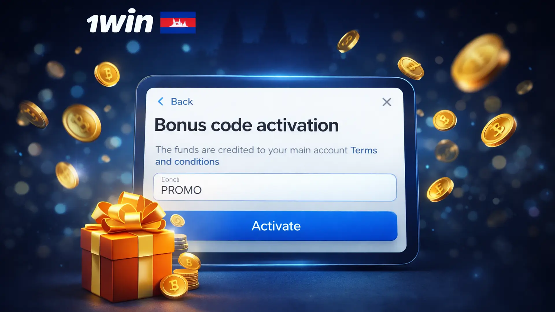 Promo code banner for 1win Cambodia with an input card and subtle falling coins.