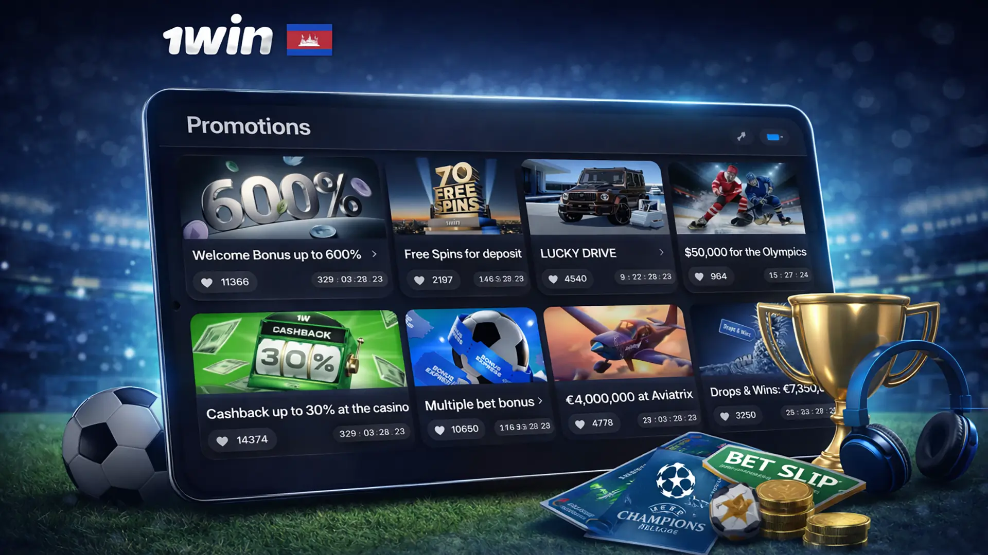 Sports betting bonuses banner for 1win Cambodia with bonus UI and subtle sports symbols.